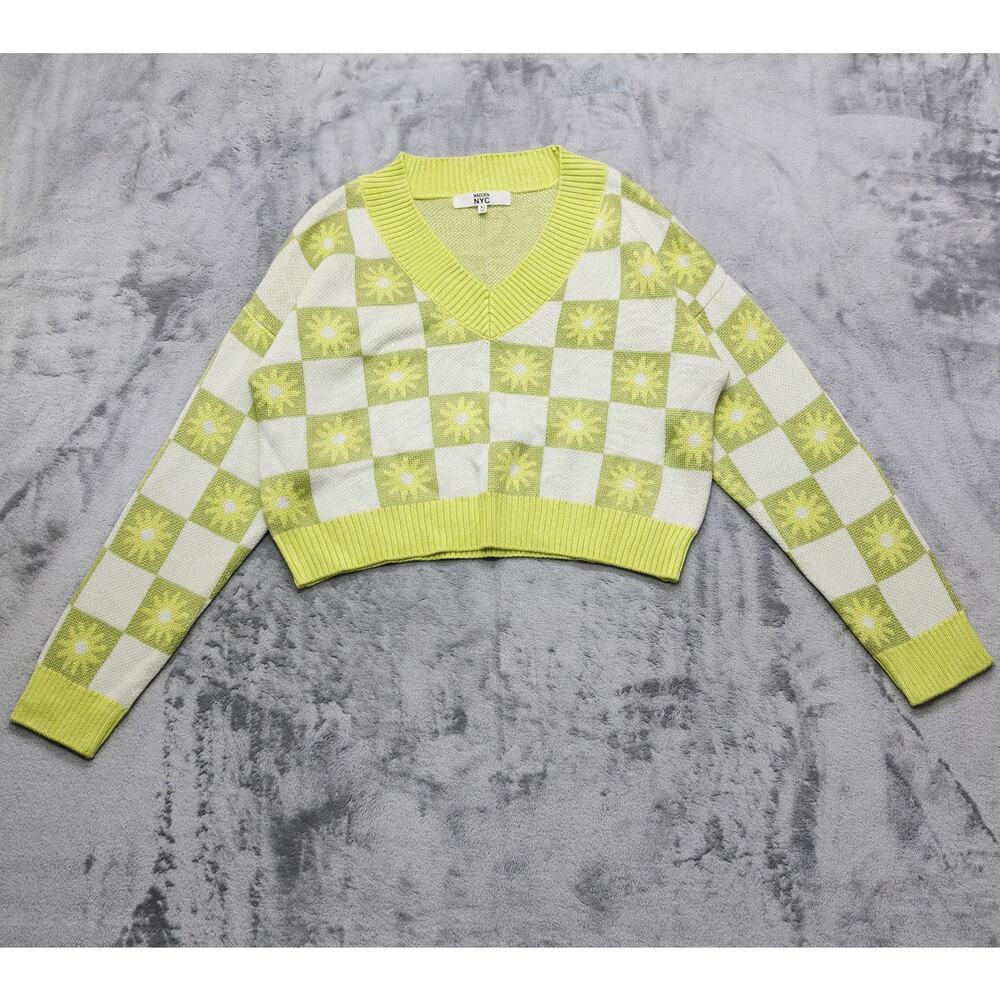 Madden NYC Sweater Womens XL Lime Green V-Neck‎ Jacquard Pullover Casual